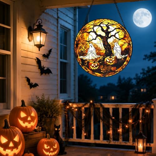 Ghosts Stained Glass Suncatcher Window Hanging Autumn Halloween Decoration