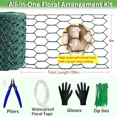 Floral Chicken Wire for Craft Kit, 4" x 158" Lightweight Chicken Wire for Floral Arrangement, Hexagonal Galvanized Chicken Wire Netting with Floral Tape, Plier, Tie, Gloves(Forest Green, 4" x 158")