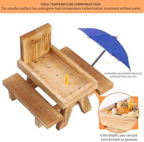 Gnodary Squirrel Feeder with Umbrella, Squirrel Feeders for Outside, Squirrel Picnic Table Feeder - Chipmunk Feeder Hold Corn, Corn Cob, Peanuts (Blue)