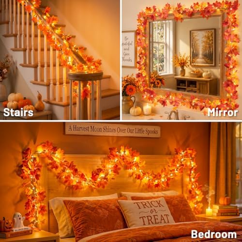 suddus 20 LED Fall Leaves Garland with Lights Battery Operated Timer Orange