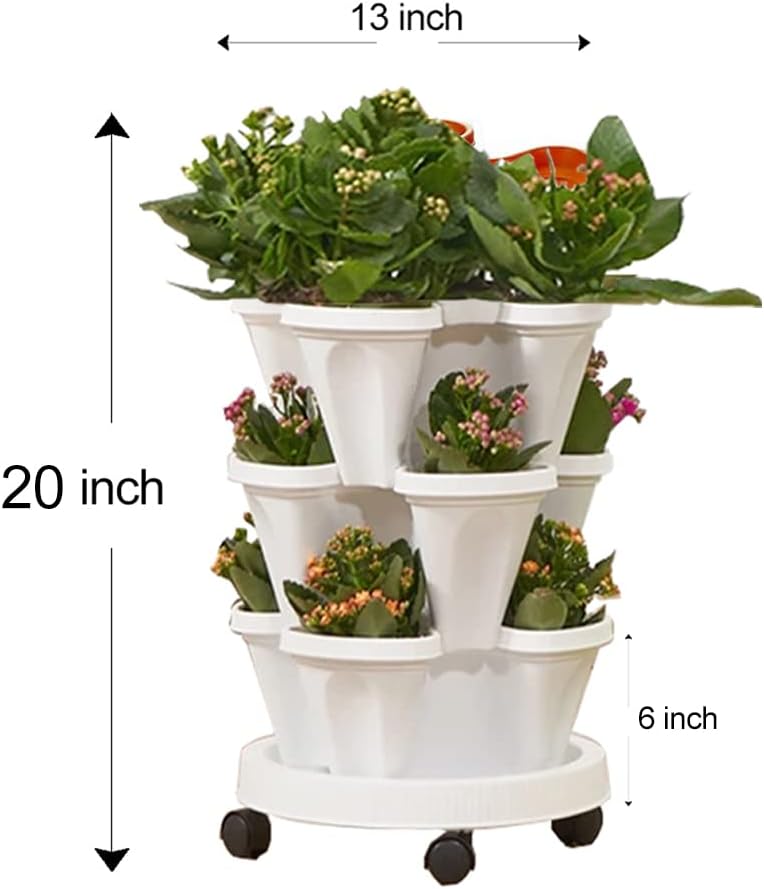 Strawberry Vertical Planters, 3 Tiered Stacking Tower Garden, Stackable Herb Vegetable Planters with Movable Casters