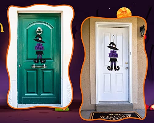 Yerliker Happy Halloween Sign Decoration Purple Wooden Witch Hanging