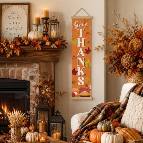 Thanksgiving Door Banner, Give Thanks Canvas Wall Banner for Entryway