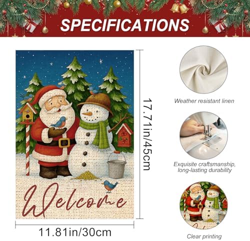 IVN Christmas Santa Snowman Welcome Garden Flag 12x18 Inch Yard Decor