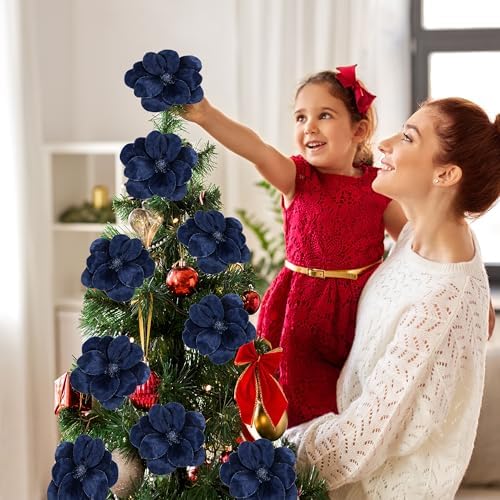 Sggvecsy 10Pcs Christmas Glitter Flowers Velvet Magnolia Flower Christmas Tree Ornaments Artificial Poinsettia Floral Picks for Xmas Wedding DIY Crafts Wreath Party Floral Decorations(Blue)