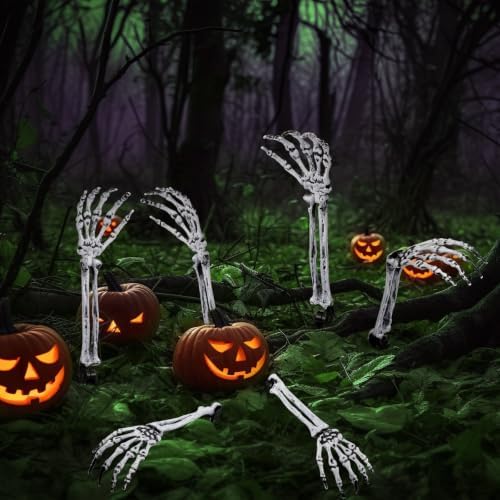 Wonderjune 6 Pcs Skeleton Hands Stakes Halloween Yard Decor, Black White