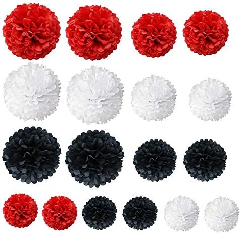 Tissue Paper Pom Poms, Recosis Paper Flower Ball for Birthday Party Wedding Baby Shower Bridal Shower Festival Decorations, 18 Pcs - Red Black White