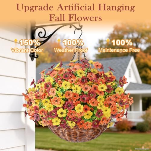 Yastouay 24 Bundles Fake Mums Fall Hanging Basket for Outdoor Decorations