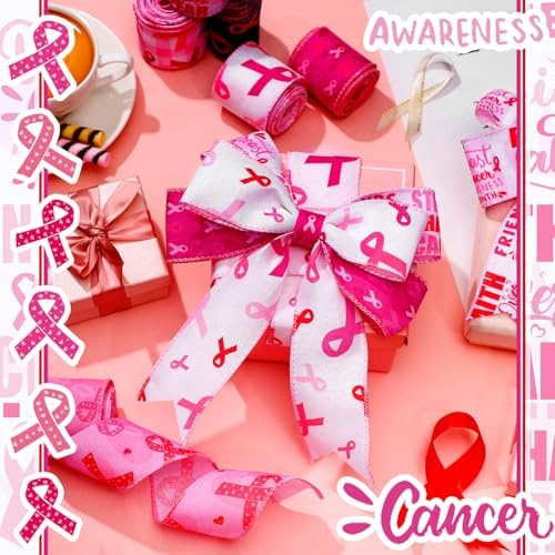 Wavyknot 6 Rolls Breast Cancer Awareness Wired Edge Ribbon 2 Inch x 30 Yard