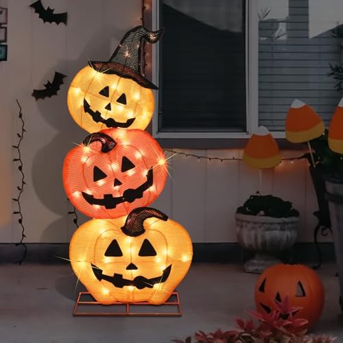 Halloween Lighted Stacked Pumpkins Decoration, Pre-Lit with 50 Warm White Lights Jack-O-Lantern Pumpkins Lights, Halloween Light Up Pumpkin for Indoor, Outdoor, Porch, Yard, 39’’ H
