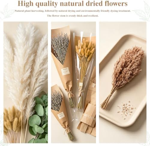 275 PCS Mixed Dried Eucalyptus Stems & Lavender Flowers with Pampas Grass, Bunny Tails, Preserved Eucalyptus, Dried Flower Bouquet for Vase, Boho Wedding, Home, Bathroom & Rustic Decor