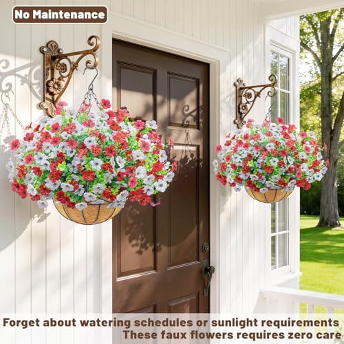 2 Set Artfiticial Hanging Flowers with Basket & Foam Outdoor,Red White