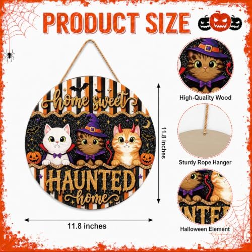 Halloween Cat Door Sign, Wooden Home Sweet Haunted Home Pumpkin Wreath