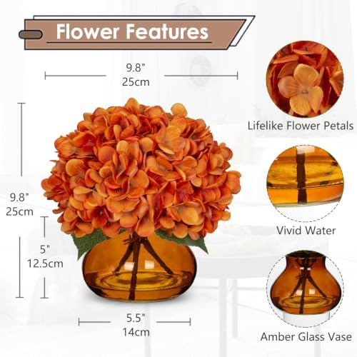 Hollyone Orange Fall Hydrangeas with Vase Indoor Faux Fall Hydrangea Artificial Flowers Decor Silk Fake Flowers Arrangements in Glass Vase Autumn Festival Table Centerpiece Fall Decorations for Home