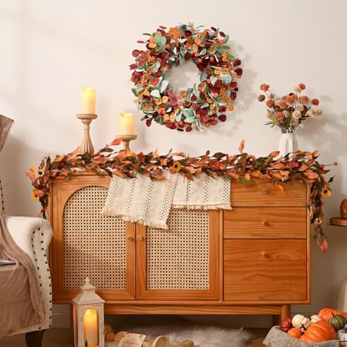 22'' Fall Wreaths for Front Door, Autumn Door Wreath with Eucalyptus Leave