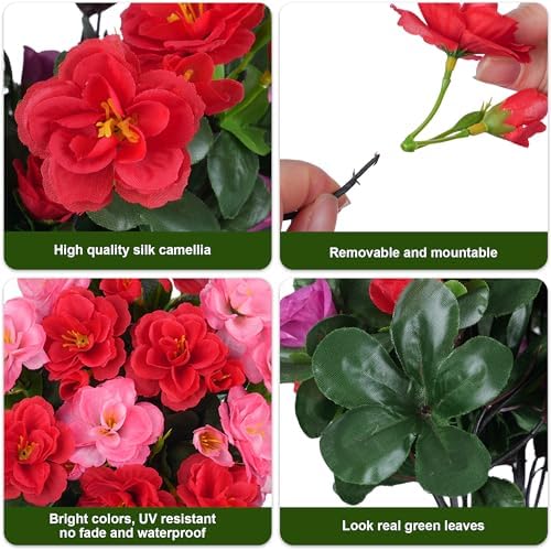 Artificial Fake Outdoor Flowers Plants, Faux Silk Camellia Bundles UV Resistant No Fade Realistic for Planter Pot, Outside Porch Patio Balcony Garden Yard Home Decoration, 3 Large Bundles(Melon Red)