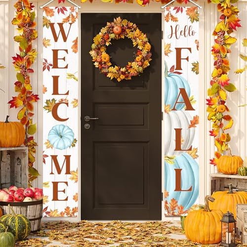 MEHOFOND Blue Pumpkin Maple Leaves Porch Banner Sign, Hello Fall Welcome Sign, 2-Pack, 71 x 12 Inches