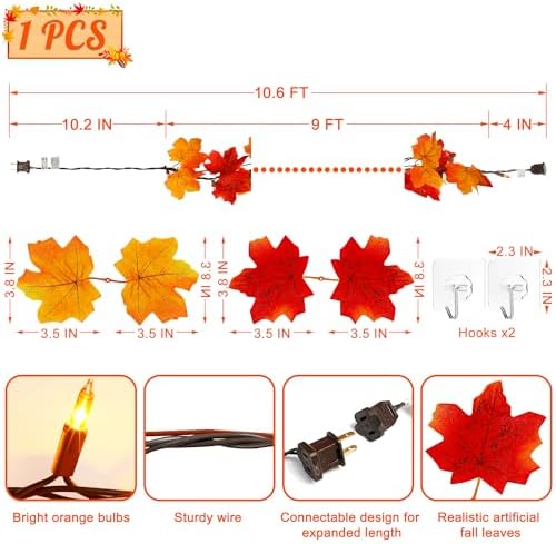 9FT Plug in Fall Garland with Lights 50 Orange Bulbs Connectable Garlands