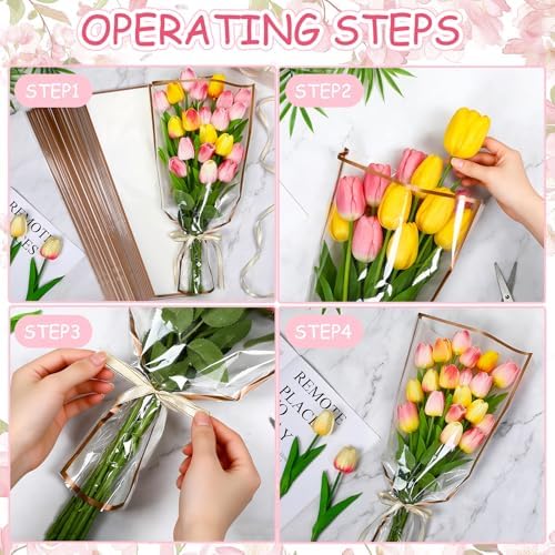 Jansun 40Pcs White Flower Bouquet Sleeves & Ribbon Set