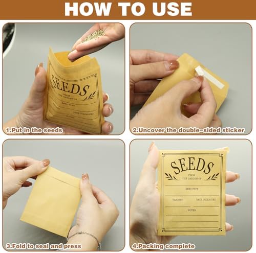 200Pcs Seed Envelopes, Seed Envelope Resealable Small Packets Brown Paper Seeds Envelopes with Printing, 3.1x4.7 Inch for Collection Flowers Seeds