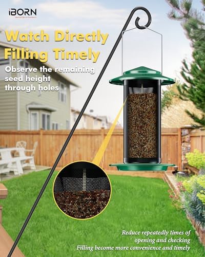 iBorn Bird Feeders for Outdoors, All Metal Mesh Tube, Holding Bird Seed for Outside Feeders,17.7cm Large Roof, Green, 2.8lb(Seed is not Included)