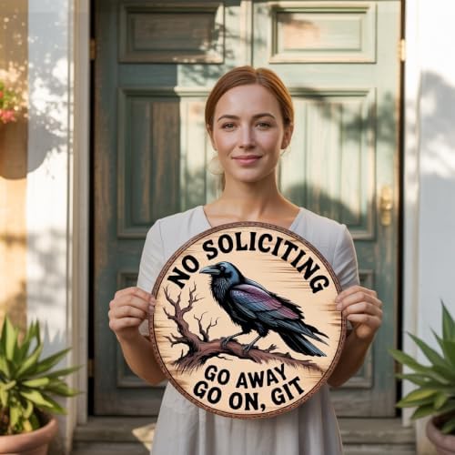 No Soliciting Wood Hanging Sign for Front Door, Crow Gifts Go On Git Door Sign