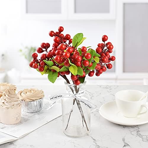 4 Pcs Artificial Red Berries, Christmas Fake Flowers Lifelike Redberry Stems Faux Fruit for Valentine's Day Wedding Home Kitchen Party Crafts Decoration(Red)