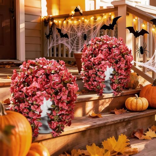 Bougainvillea Artificial Flowers for Outdoors Fake Plants Fall Autumn Decor, 2 pcs Faux Long Trailing Vines UV Resistant Look Real Red Silk Flowers for Outside Planter Front Door Porch Urn Yard Patio