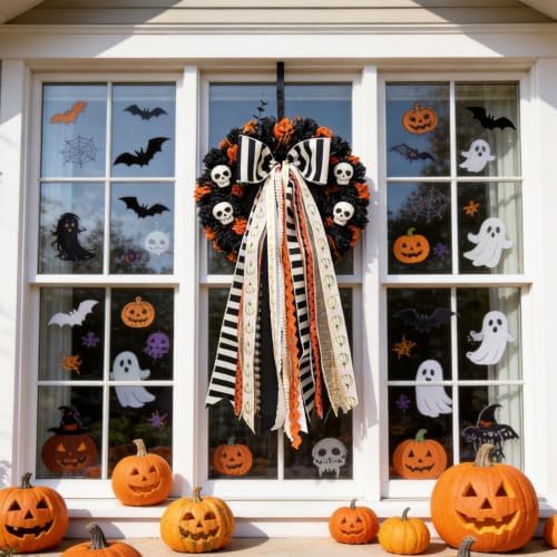 Halloween Black Striped Bow, Fall Wreaths Sash for Front Door Decor