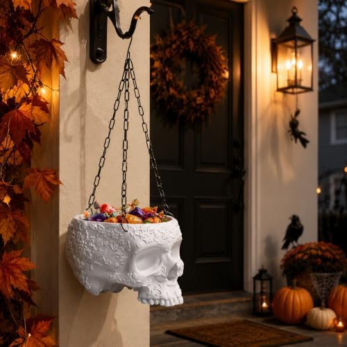 Halloween Trick Or Treat Skull Candy Bowl Hanging Gothic Skeleton White Pot