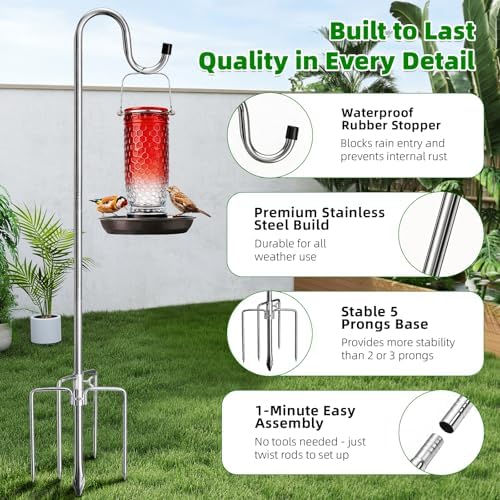 COCONUT Shepherds Hook, 62 Inches Shepherds Hook with 5 Prongs Base Stainless Steel Adjustable Garden Hanging Holder for Bird Feeders Lanterns Planting Hanger Weddings Decor, Silver