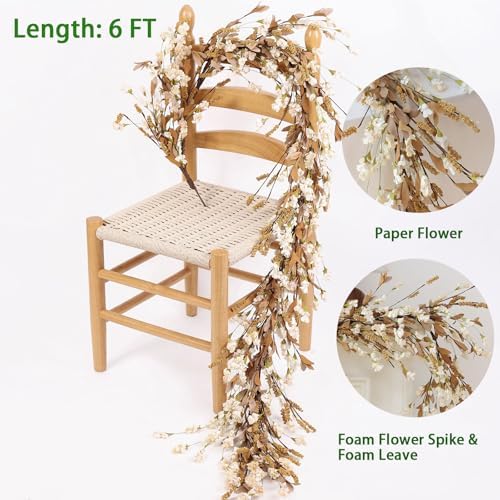 Mizii Fall Garland Artificial Flower Garlands 6 Feet Fake Wildflower Floral Garland Hanging Vines Flowers Decorations for Mantle Table Centerpieces Room Wall Fireplace Wedding Fall Decor (Beige)