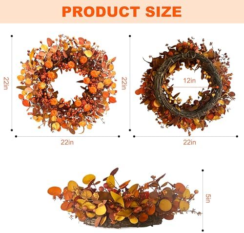 Fall Wreath 22 Inch Fall Wreaths for Front Door Autumn Pumpkin Wreaths with Orange Eucalyptus Leaves and Berries for Indoor Outdoor Thanksgiving Harvest Festival Celebrations