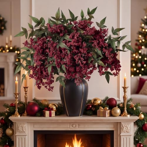 6 Pcs 31.5 Inch Artificial Nandina Burgundy Berry Stems for Vase