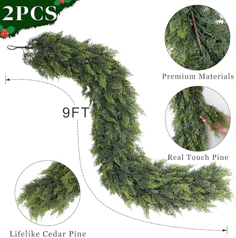 Lifelike Touch Artificial Cedar Garland for Christmas Decor(9 FT,2 PCS)