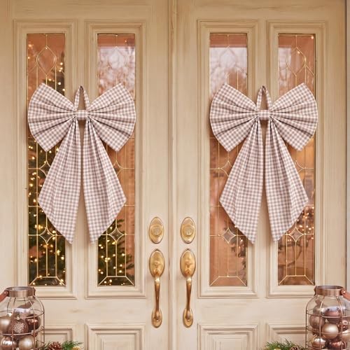 Suncalla 2 Pcs Khaki Christmas Gingham Wreath Bows 18'' x 12''