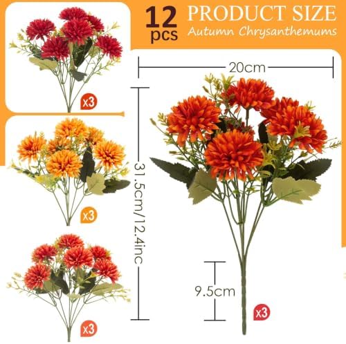 lovemoon 12 Pcs Artificial Mums for Outdoors, Fake Fall Flowers for Autumn