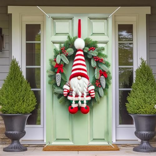 BlissYard Christmas Door Cover Gnome Striped Elf 35x71 Inch Polyester