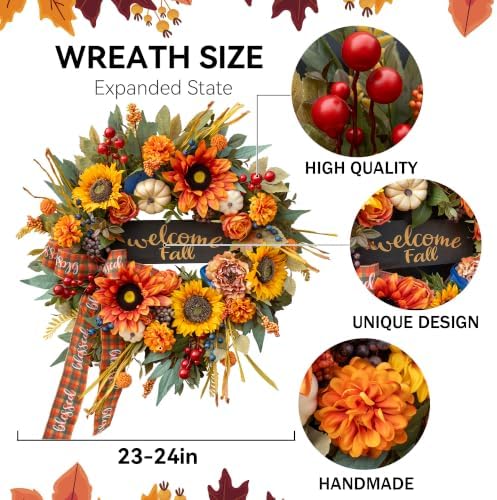 24 Inch Harvest Fall Wreaths for Front Door, Rustic Harvest Autumn Wreath