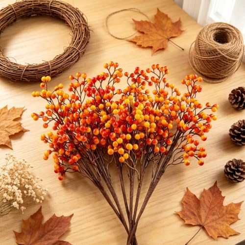 Fangoo 6 Pcs 20.7 Inch Fall Berry Stems Faux Orange Berry Stems for Vase