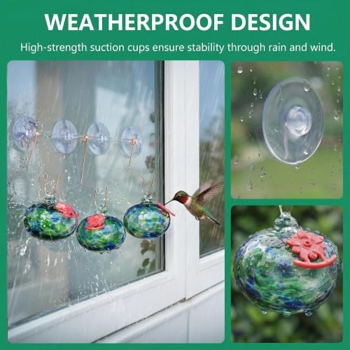 QFkris 3 Pack Blown Glass Hummingbird Feeder with Suction Cups for Window