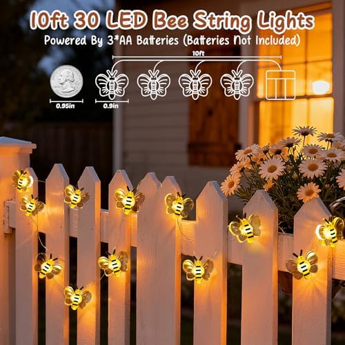 Coquimbo Bee Decorations String Lights, 10ft 30 LED Cute Honeybee Fairy Lights Battery Operated, Gifts for Women Girls Boys Kids, Room Decor for Bedroom Plants Patio Party Wedding Party Xmas
