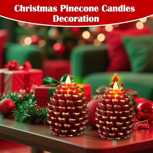 Christmas Pinecone Candles Flameless Thanksgiving Decor,Red-Brown