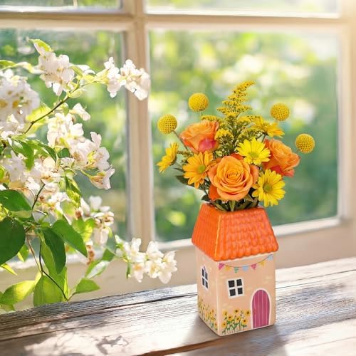 Remerry Mini Ceramic House Shape Vase Decorative Small Bud Vases, Orange
