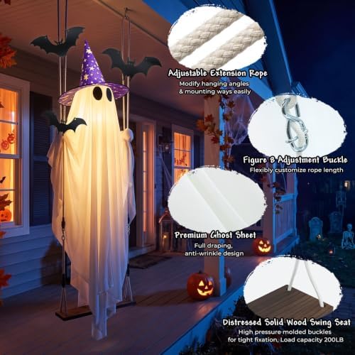 Halloween Ghost Decor with Bat & Hat - 11 FT Large Hanging Swinging Ghost