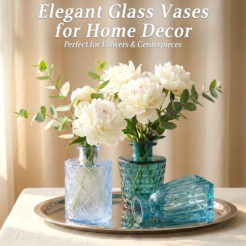 Set of 15 Blue Glass Bud Vases Small Textured Flower Vases
