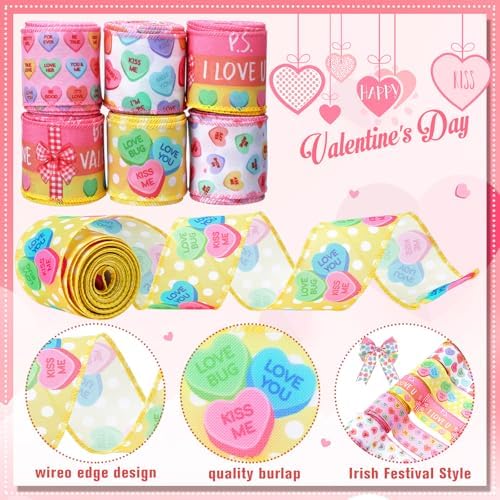 6 Rolls 30 Yards Valentine's Day Ribbons Conversation Heart Wired Wrapping Crafts Valentine Edge Ribbon Wreath Decorations for Gift Wrap DIY Crafts Wedding Birthday Party Decoration