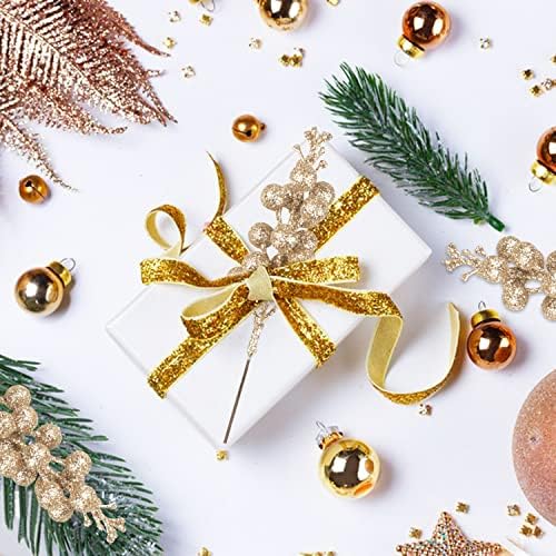 24 Pack Glitter Champagne Gold Berry Stems,7.5 Inch Christmas Sparking Red Faux Winter Berry Sprigs,Artificial Red Berries Branches for Christmas Tree Garland Wreath Crafts Season Winter Home Decor