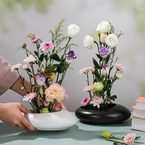 8 Inch Ikebana Vase with Flower Frog Black Ceramic Bowl Vases with Gold Stem Holder and Kenzan Straightener Japanese Pebble Shaped Floral Arrangement Bowl for Home Decor