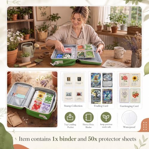 Seed Storage Organizer Binder with 50 Sheet Protectors Holds 200 Packets